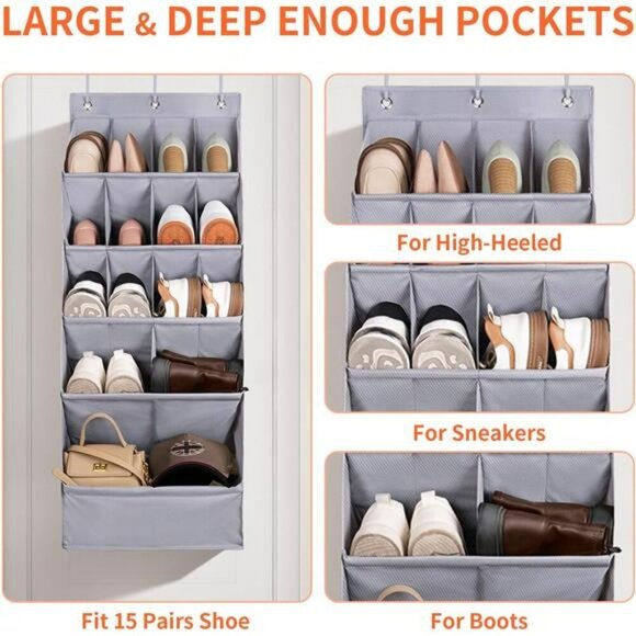 Over Door Shoe Organizer Hanging Rack 15 Pocket Closet Wall Storage Holder - Picture 4 of 7